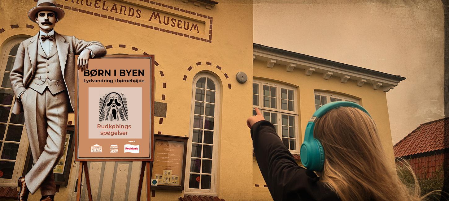 Barn går lydvandring med høretelefoner i Rudkøbing